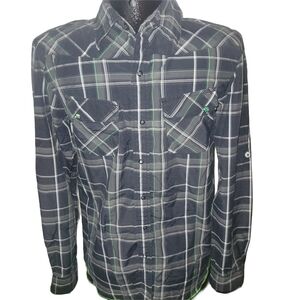 Oakley Men's Black and Green Plaid Snap Button-Up Shirt Size S
